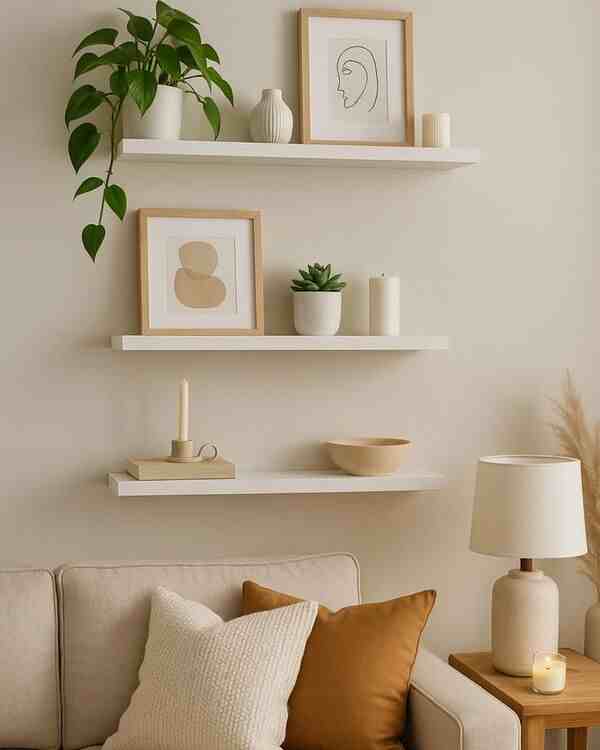 Rendezett polc és dekoráció semleges színekkel